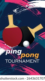 Two ping pong rackets, ball, flat style banner, champions tournament. Background abstract texture color brush strokes, sports competitions, hobby, table tennis sports school