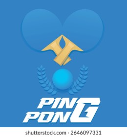Two ping pong rackets and a ball on a blue background, laurel wreath. Flat design, minimalism, suitable for a table tennis tournament poster. Competition champion, winner, active recreation, sport