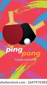 Two ping pong rackets and ball, brush stroke texture background. Table tennis tournament poster, athletes competition. Sports store banner, flat design training tennis sport, activity