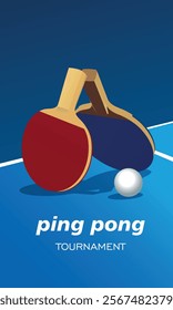 Two ping pong rackets. Vector poster flat style table tennis championship. Blue table, white ball