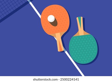 Dos raquetas de ping-pong y pelota en la mesa, sombra de red de tenis de mesa, cartel de la competencia, vista desde arriba, Vector