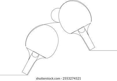 Two ping-pong rackets and a ball one line drawing. Table tennis sport game drawn with single continuous line. Vector illustration, editable stroke.