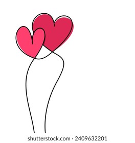 Two pink air balloon hearts continuous wavy line art drawing on white background. Valentine's day card or banner or letter template. Vector illustration