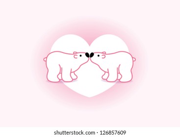 Two Pink Arctic Polar Bears with Black Noses Kissing in Heart Graphic Background
