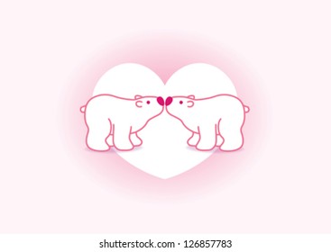 Two Pink Arctic Polar Bears with Pink Noses Kissing in Heart Graphic Background