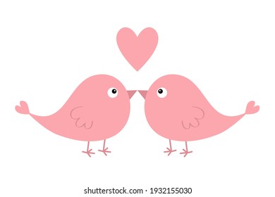 Two pink bird couple. Cute heart. Love Greeting card. Happy Valentines Day. Sticker print. Cartoon kawaii funny baby character. Flat design. White background. Isolated. Vector illustration