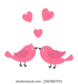 Two pink bird couple. Cute flying heart. Love Greeting card. Happy Valentines Day. Sticker print. Cartoon kawaii funny baby character. Flat design. White background. Isolated. Vector