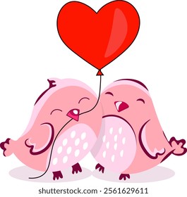 two pink birds with a heart-shaped balloon on a rope