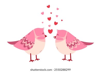 Two pink birds in love. Valentines day concept. Flat vector isolated illustration