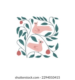 Two pink birds on a branch of a fruit tree. Doodle vector illustration. Isolated on a white background. Clip art. 