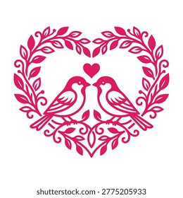 Two pink birds sitting together in a heart shaped wreath with leaves and a heart symbol, love and romance concept
