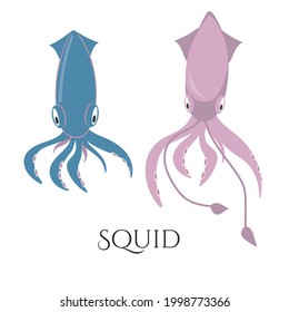  Two pink and blue cartoon squid, isolated on white background