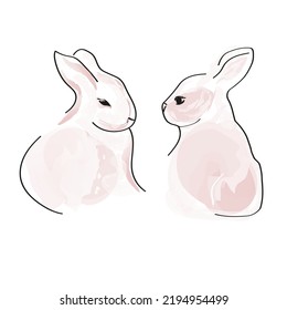 Two pink bunnies watercolor drawing