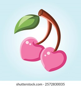 Two pink cherries in heart shape, delightful illustration