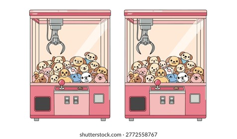 Two pink crane game or claw machines filled with stuffed animal prizes like dogs and bears in an amusement arcade.
