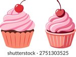 Two pink cupcakes with cherries stand side by side on a white background