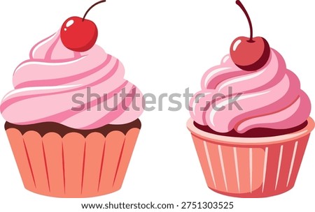 Two pink cupcakes with cherries stand side by side on a white background