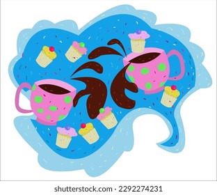 Zwei rosafarbene Tassen mit Tee und eine Menge süßer, köstlicher Cupcakes. Diese Cartoon-Illustration kann als Logotyp für kreative Cafés, Cafeterias und Bars verwendet werden. Vektorgrafik einzeln.