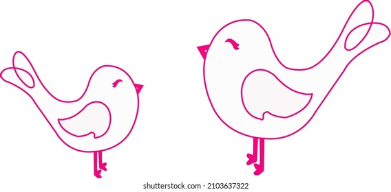 Two pink cute little birds, mother and child, isolated on white background. warm family love concept (vector image)