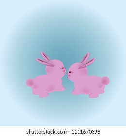 two pink cute rabbit on sweet blue background cartoon vector