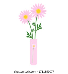 Two pink daisies have green leaves and stalks placed in a pink vase and vase has pictures of white daisies, for interior decoration,Isolated on a white background,minimal style, vector illustration.