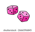 Two pink dice cubes cartoon elements isolated on white background. Vector illustration.