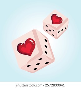 Two pink dice with red hearts, symbolizing love and chance.