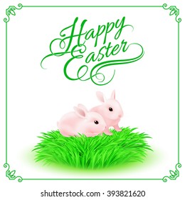 Two Pink Easter Bunny in the Green Grass