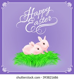 Two Pink Easter Bunny in the Green Grass on Violet Background