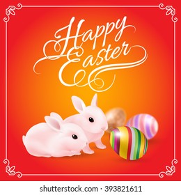 Two Pink Easter Bunny and Striped Eggs on Red Background