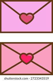 Dos sobres rosas con sellos de corazón y contornos decorativos. Diseño romántico y lúdico perfecto para San Valentín, cartas de amor y tarjetas de felicitación.