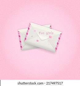 two pink envelopes with rosy stamps, mail for girls, lovely mail, vector