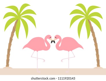 Two pink flamingo couple standing on one leg. Palms tree, island, beach sand. Exotic tropical bird. Zoo animal collection. Cute cartoon character. Love card Flat design. White background. Vector