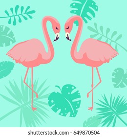 Two pink flamingo set. Background of tropical leaves. Exotic tropical bird. Decoration element. Flat design. Vector illustration