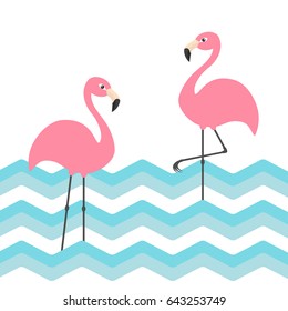 Two pink flamingo set. Blue sea ocean water zigzag wave. Exotic tropical bird. Zoo animal collection. Cute cartoon character. Decoration element. Flat design. White background. Vector illustration