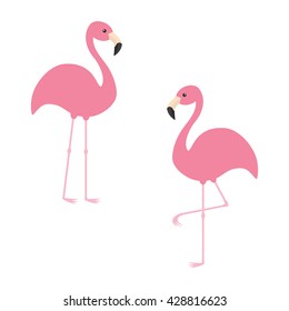 Two pink flamingo set. Exotic tropical bird. Zoo animal collection. Cute cartoon character. Decoration element. Flat design. White background. Isolated. Vector illustration 