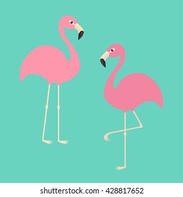 Two pink flamingo set. Exotic tropical bird. Zoo animal collection. Cute cartoon character. Decoration element. Flat design. Blue background. Isolated.  Vector illustration 