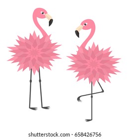 Two pink flamingo set. Flower body. Exotic tropical bird. Zoo animal collection. Cute cartoon character. Decoration element. Flat design. White background. Isolated. Vector illustration