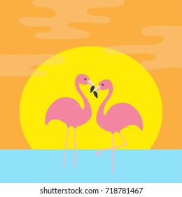 Two pink flamingo standing on one leg. Ocean, see water wave, sun set. Exotic tropical bird. Zoo animal collection. Cute cartoon character. Love Flat design. Orange background. Vector illustration