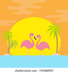 Two pink flamingo standing on one leg. Palms tree, island, see ocean water wave, sun set. Exotic tropical bird. Zoo animal collection. Love Cute cartoon character. Flat design Orange background Vector