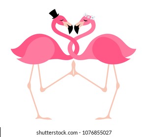 Two pink flamingoes in love - wedding illustration. Cylinder hat and wreath. Tropical birds. Love symbol.