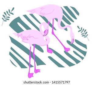 Two pink flamingos with dot work effect on abstract background