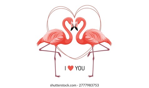 Two pink flamingos facing each other with their necks forming a heart shape surrounded by a wire heart and the text I love you.