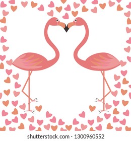Two pink flamingos with hearts