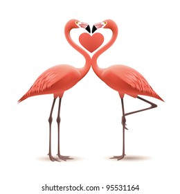 Two pink flamingos in love forming a heart