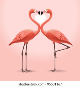 Two pink flamingos in love forming a heart