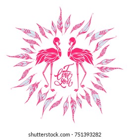 Two pink flamingos in love, valentine postcard, vector illustration