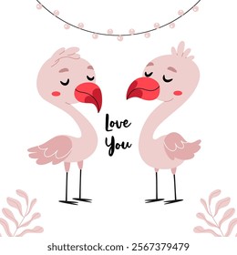 Two pink flamingos in love. I love you. Valentine's Day. Pale pink colors.