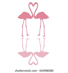 Two pink flamingos, necks form a heart, with shadows , vector for print or design