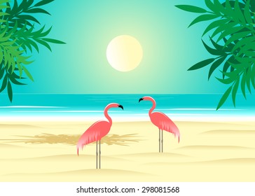 Two pink flamingos on a beach under palm trees against the sky and the sea